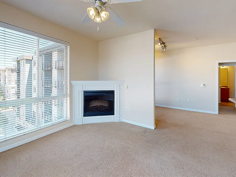 Apartment living room with plush carpet flooring and fireplace in select homes.