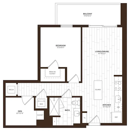 Floor plan 1 Bed/1 Bath Den-D2