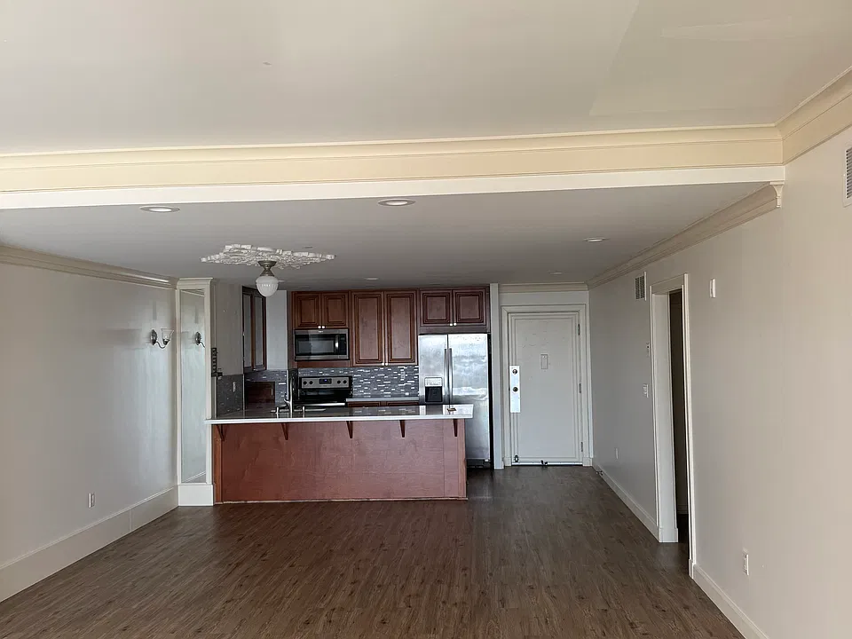 Entry foyer with wood-look flooring leading to the kitchen
