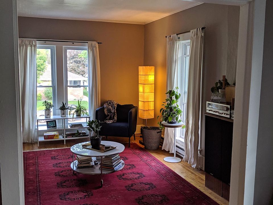 The cozy living room, viewed from the dining area.