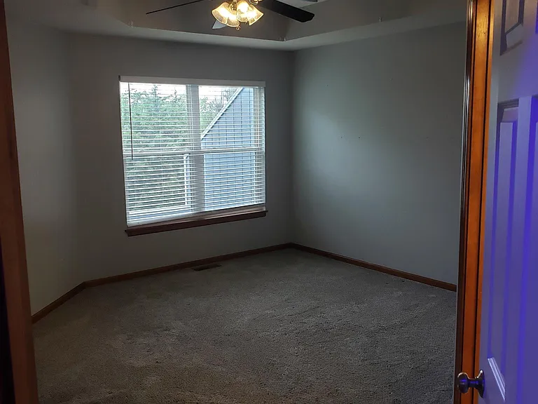 Master bedroom from hallway vantage point, trayed ceiling