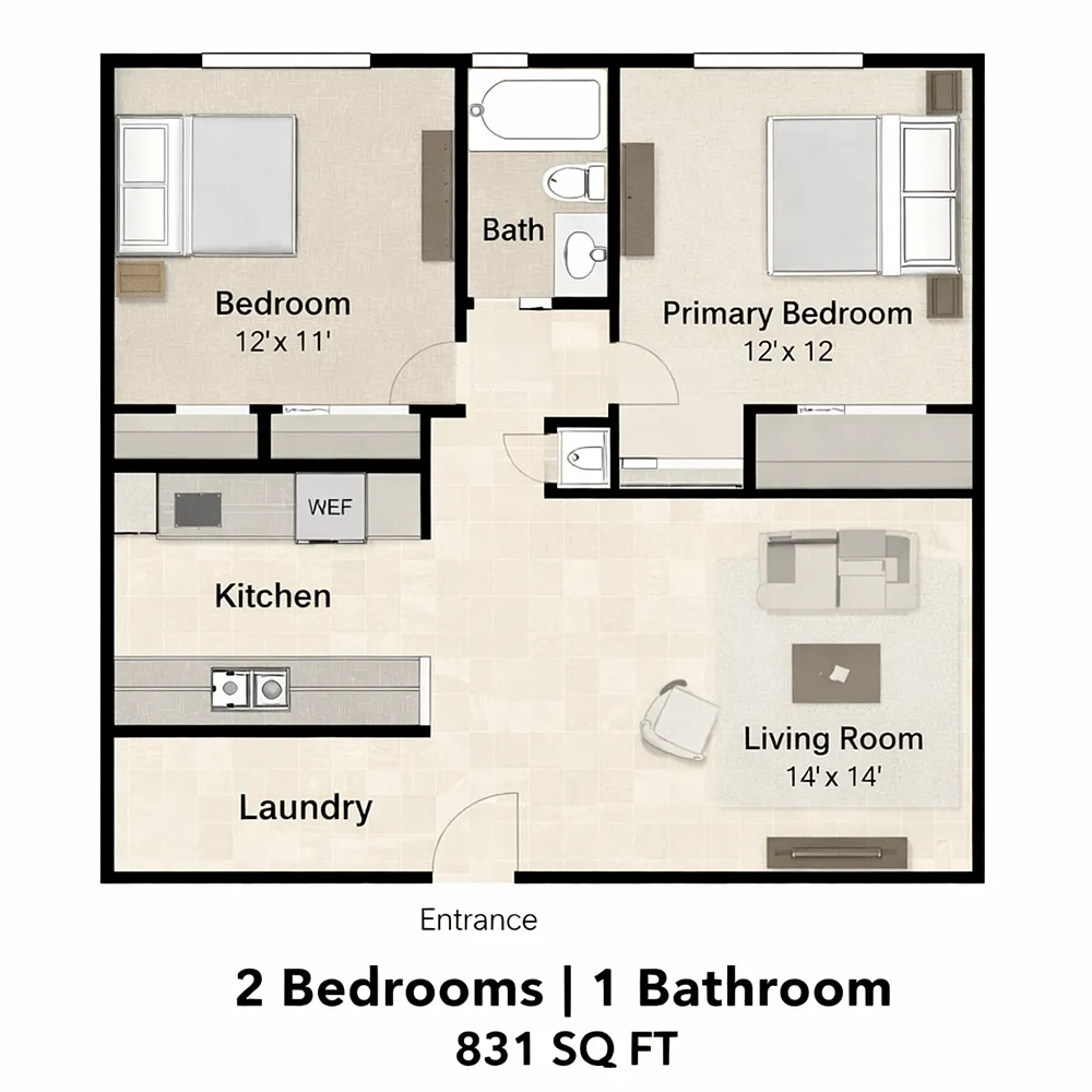 Floor plan 2 Bedroom 1 Bathroom