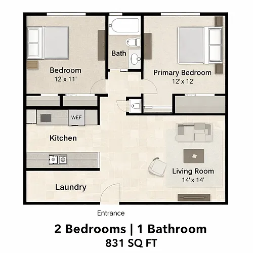 Floor plan 2 Bedroom 1 Bathroom