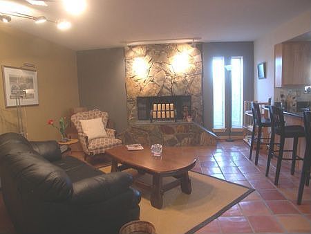 Stone fireplace in family room