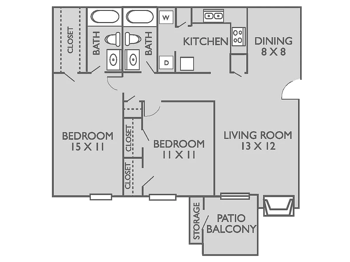 Floor plan 2 Bed, 2 Bath A Upgraded (60% Income Restricted)