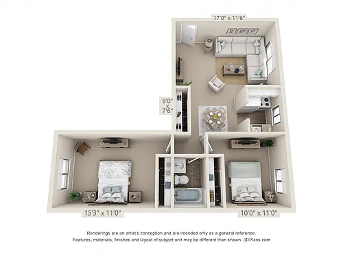 Floor plan 2 Bedroom, 1 Bath