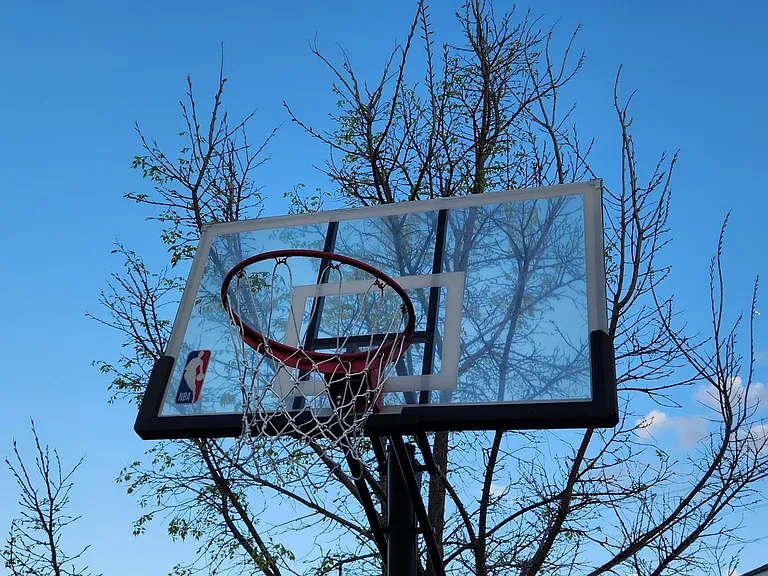 Basketball hoop on driveway.