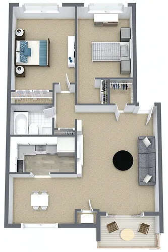 Floor plan 2 Beds, 1 Bath