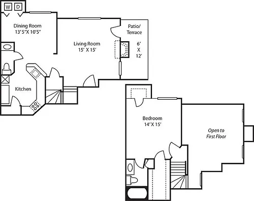 Floor plan A3 1Bedroom 1.5 Bath 910sf