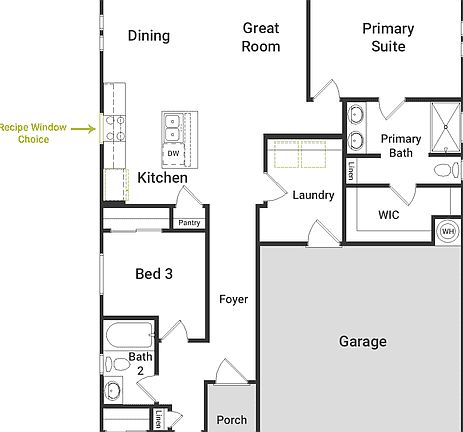 A view of the first-floor, 2 car garage and living area of the Agave floorplan