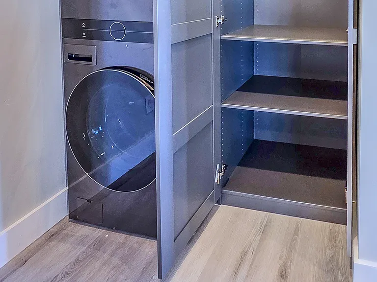 Brand new washer and dryer with closet storage and automatic ambiant lights