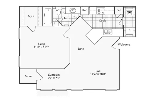 Floor plan 1 BR x 1 BA with Washer/Dryer A