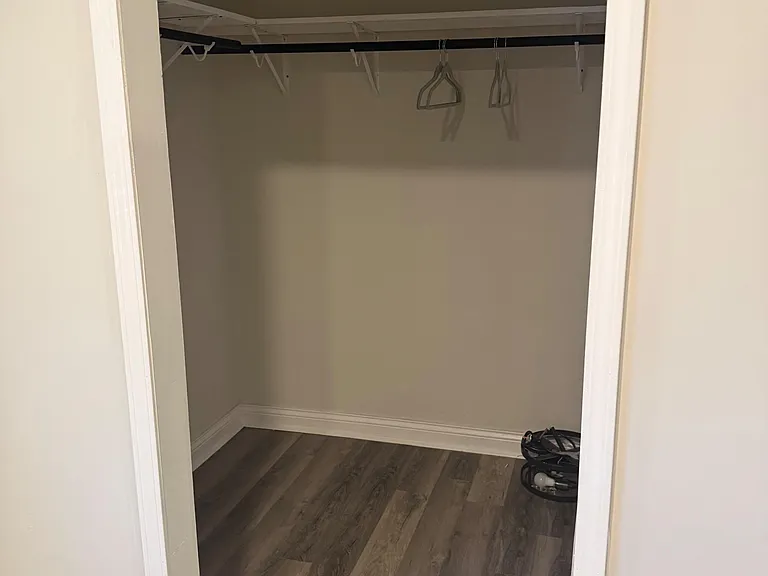 Spacious walk-in closet with a long hanging rod and shelf for easy organization, plus durable wood-look flooring.