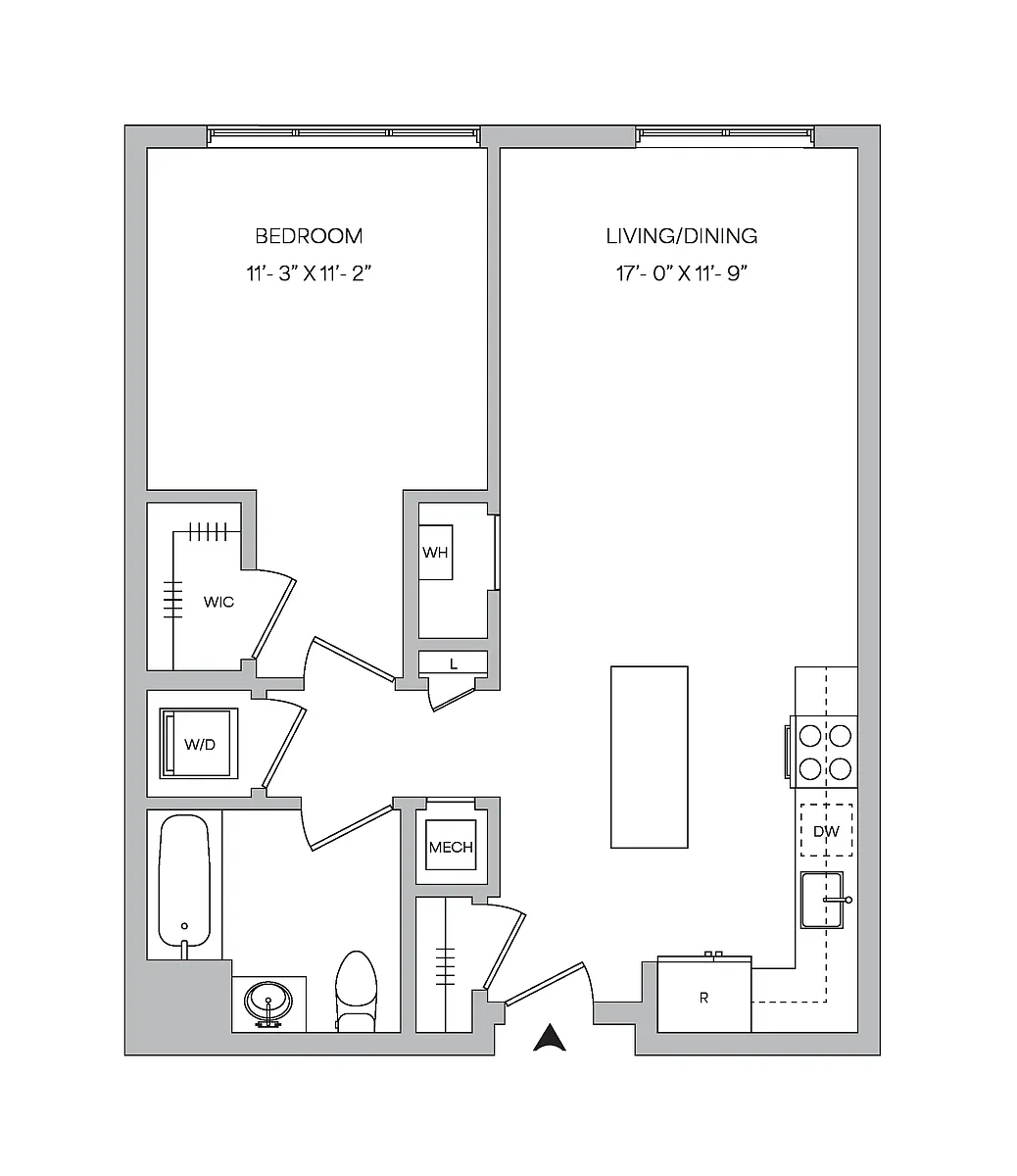 Floor plan A14 - 1BR 1BA (730 SF)