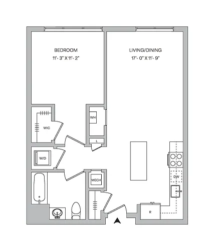 Floor plan A14 - 1BR 1BA (730 SF)