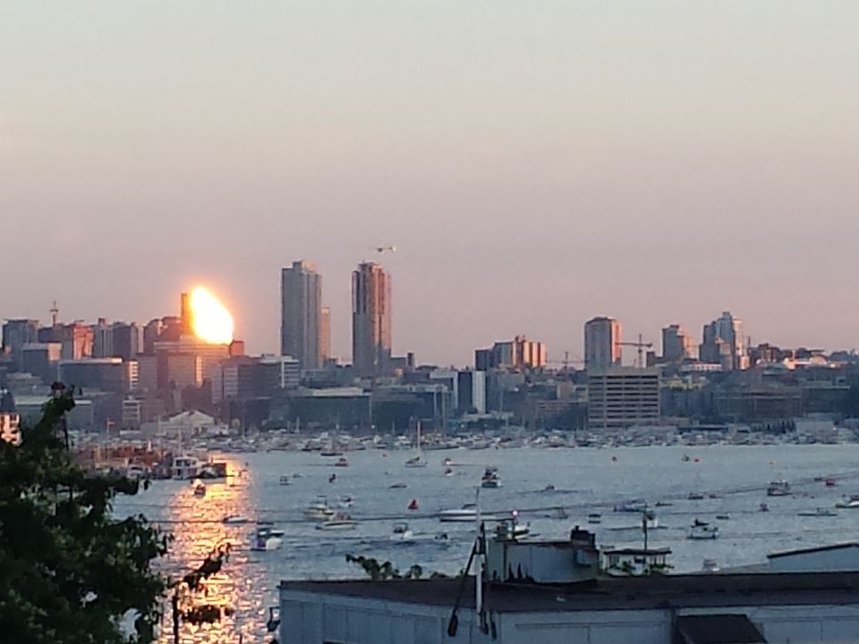 Living room view of Lake Union