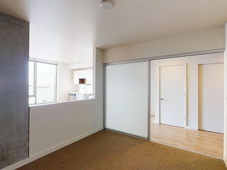 Spacious apartment bedroom with plush carpet flooring.
