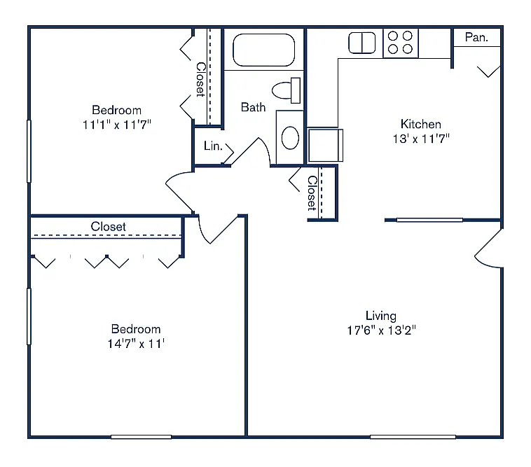 Floor plan 2 Bedroom, 1 Bath COUNTRY KITCHEN (806 sqft.)