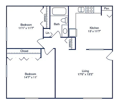 Floor plan 2 Bedroom, 1 Bath COUNTRY KITCHEN (806 sqft.)