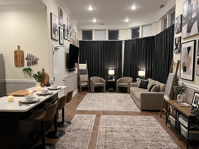Large living room/ dining or extended living space/office and kitchen with island.