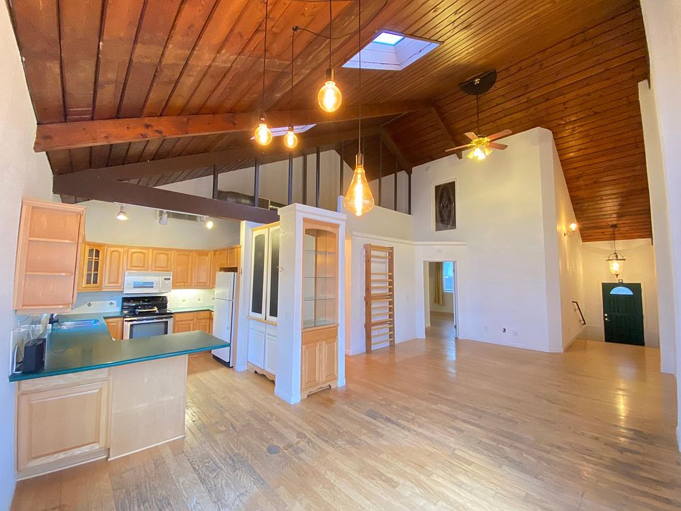 Living room, dining room, and kitchen are very large and open to each other.