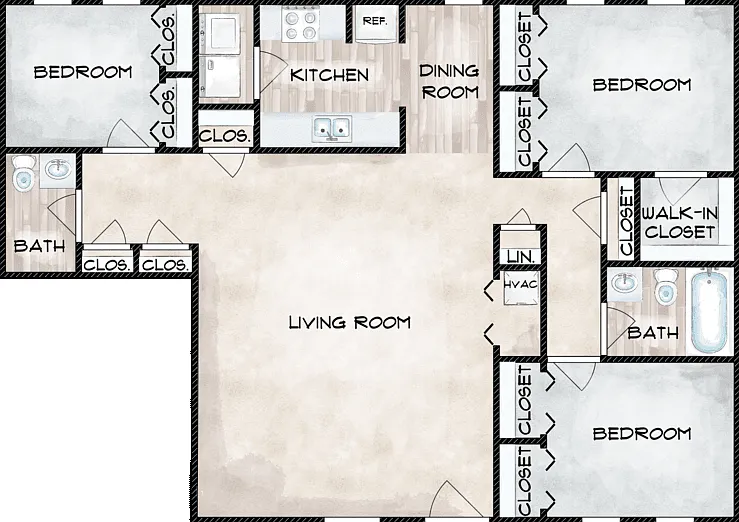 Three Bedroom Floorplan Diagram