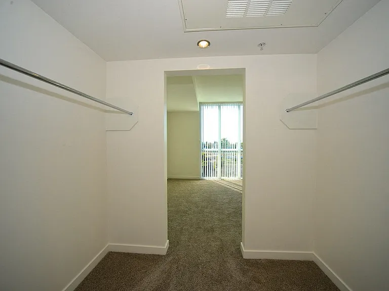 Large walk-in closet in carpeted master bedroom at 12th Street Lofts in National City, California.