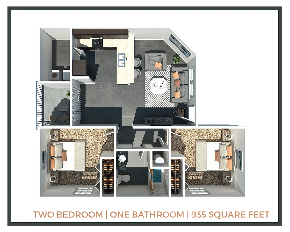 Floor plan 2 Bed + 1 Bath | 935 Sq Ft