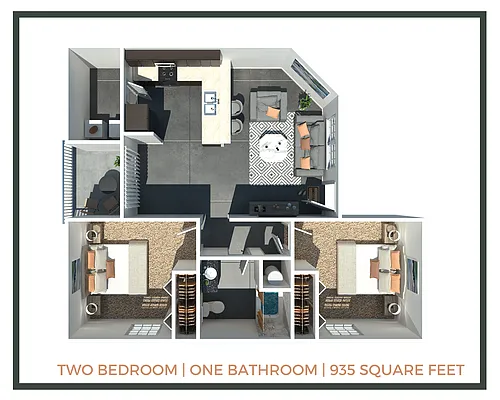 Floor plan 2 Bed + 1 Bath | 935 Sq Ft