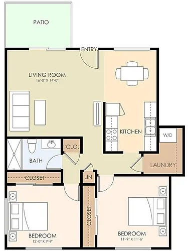 Floor plan 2x1 with in-unit laundry