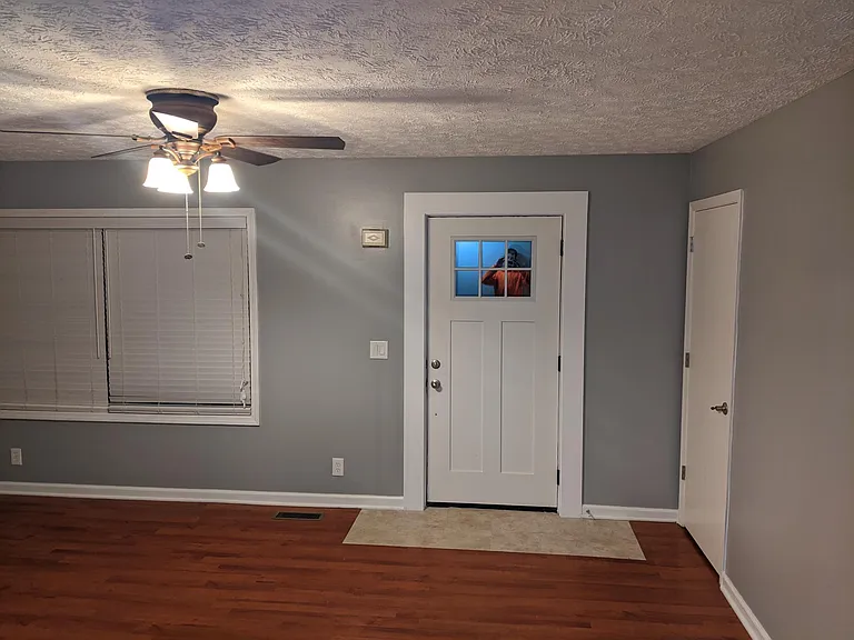 Living room and front entrance (you can see me in the reflection in the front door window)