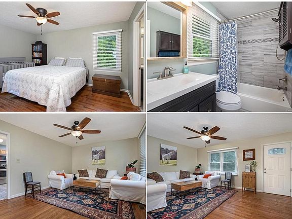 Above: Master bedroom with full bath. Below: Entrance and living room.