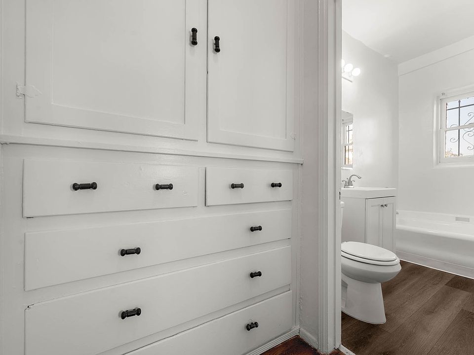Linen closet outside bathroom