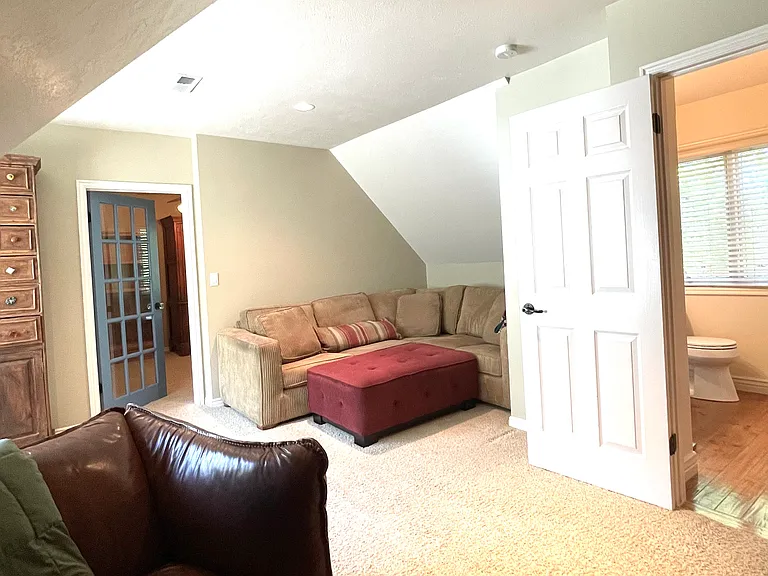 Upstairs bonus/flex space currently a family room. Bathroom with shower. Blue door leads to a bedroom or currently used as office space.