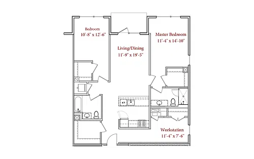 Floor plan 2 BR, 2BA + Office