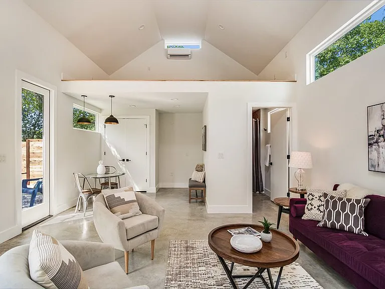 Casita - plenty of space for a bed upstairs or down! (Not pictured - railings and a ladder for the loft and a full size refrigerator.)