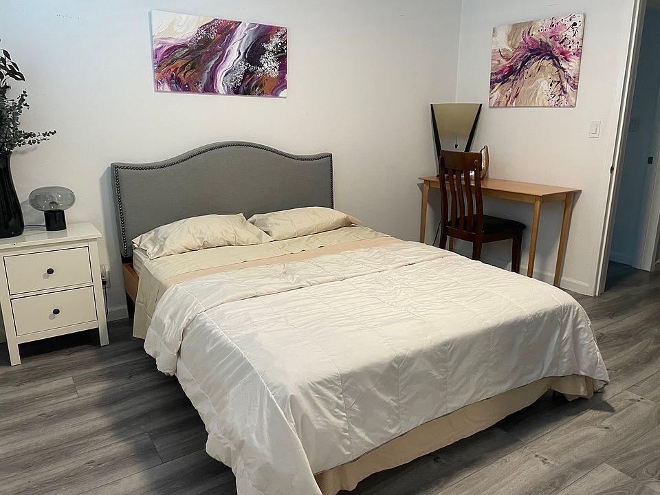 Queen bed, desk table and chair, bedside dresser