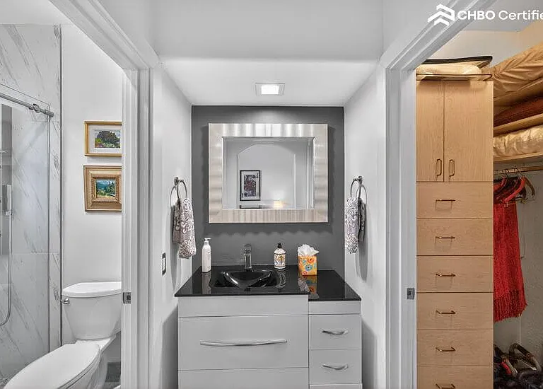 Royal Suite vanity area between walk in closet & WC/ shower