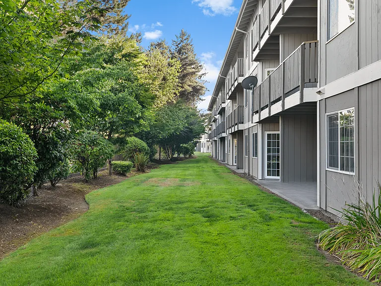 Spacious lawn with natural greenery outside apartment homes