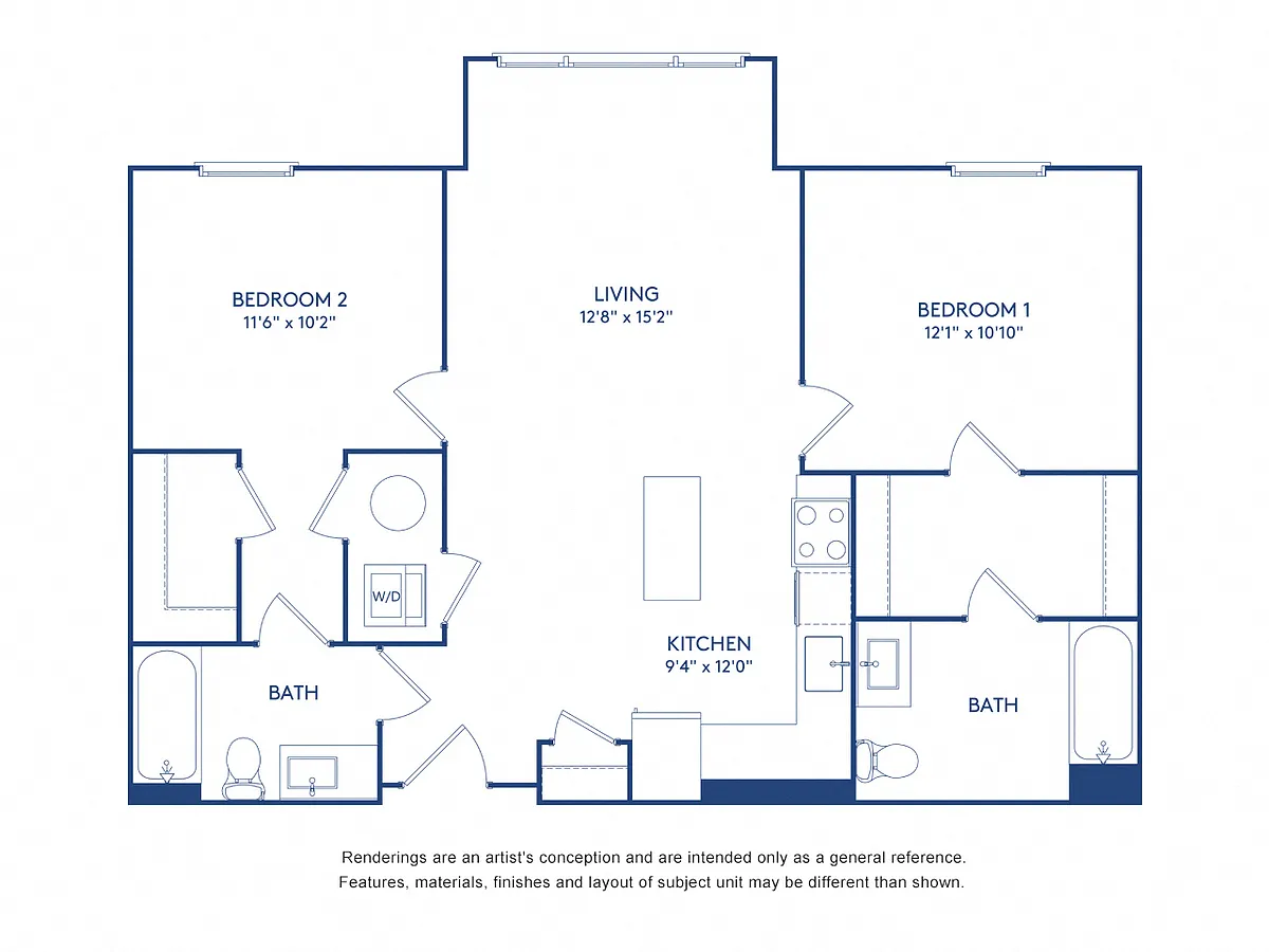 Floor plan 2 BR 2 BA (957-958 SF)