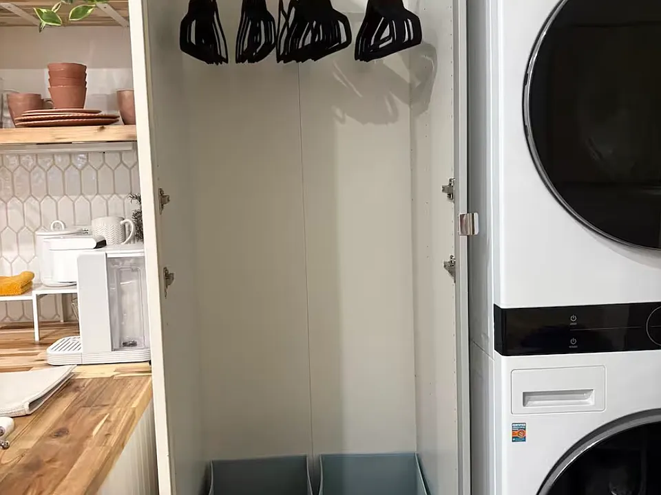 CLOSET SPACE. THERE ARE ALSO BINS THAT FIT UNDER THE BED FOR EXTRA STORAGE OR ABOVE THE WASHER AND DRYER