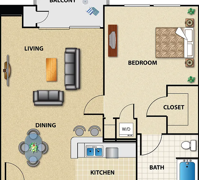 Plan B2 1 Bed 1 Bath Floorplan Diagram