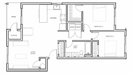 Floor plan 2 Bedroom 1 Bath--South community