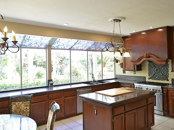 gourmet kitchen with view of backyard