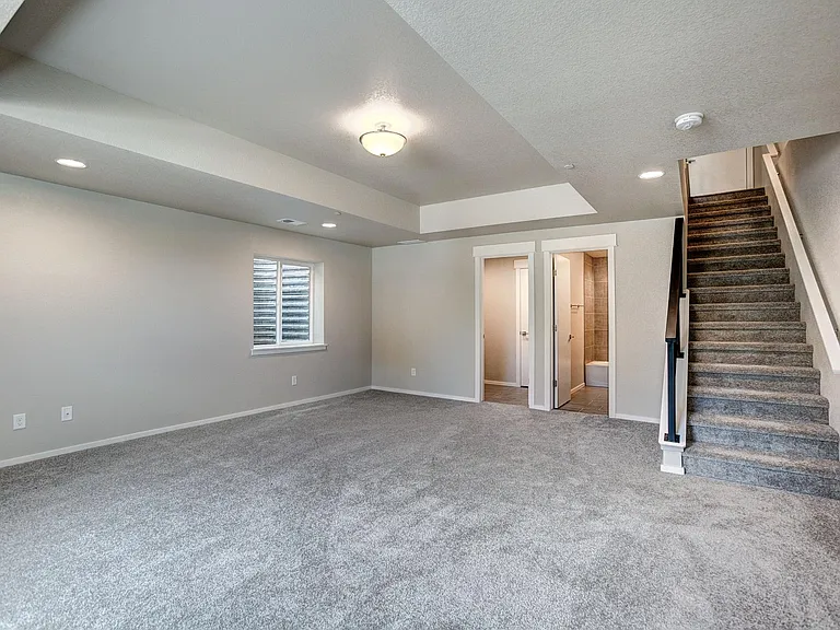 Basement living area, full bath, and laundry