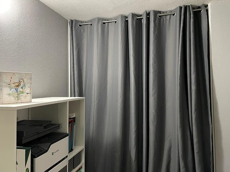 You have a large closet space, a hallway linen closet, and an enclosed shed in the balcony to store the things you don't need right away.