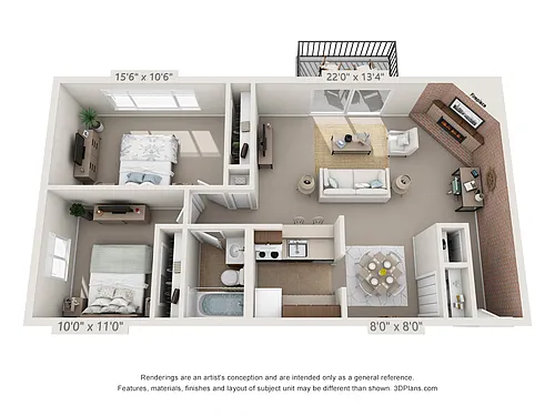 Floor plan Hazelnut2 Bedroom, 1 Bath w/Balcony (Fireplace)
