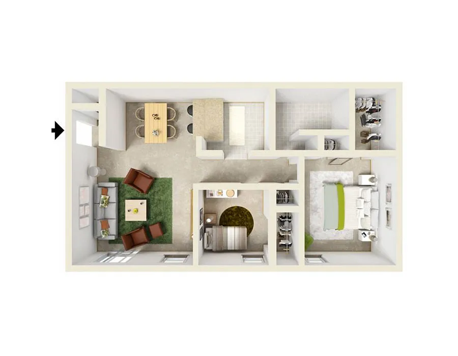 Floor plan 2 Bed / 1 Bath 910 SqFt