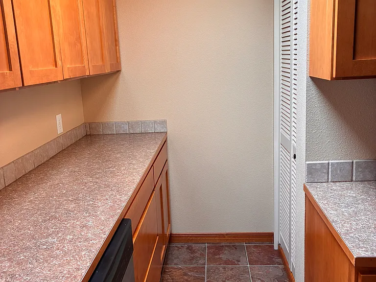 Kitchen with counter space and side pantry.