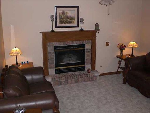 Fireplace in the great room. Windows overlook wooded back yard.